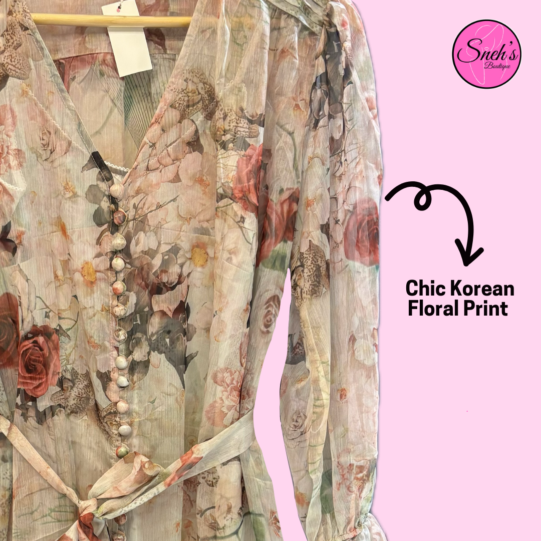 Beige Floral Korean Skater Dress