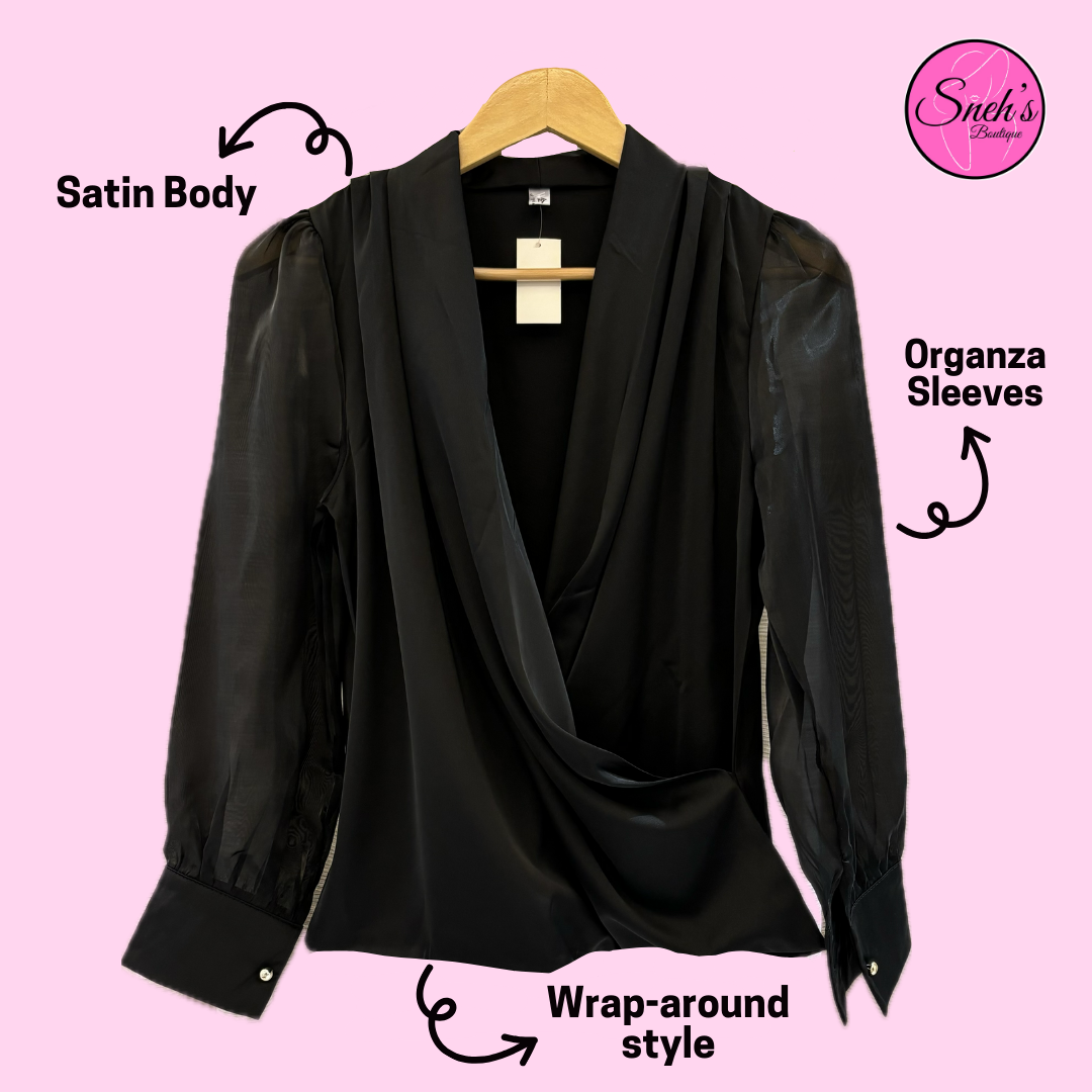 Black Satin Top With Organza Sleeves